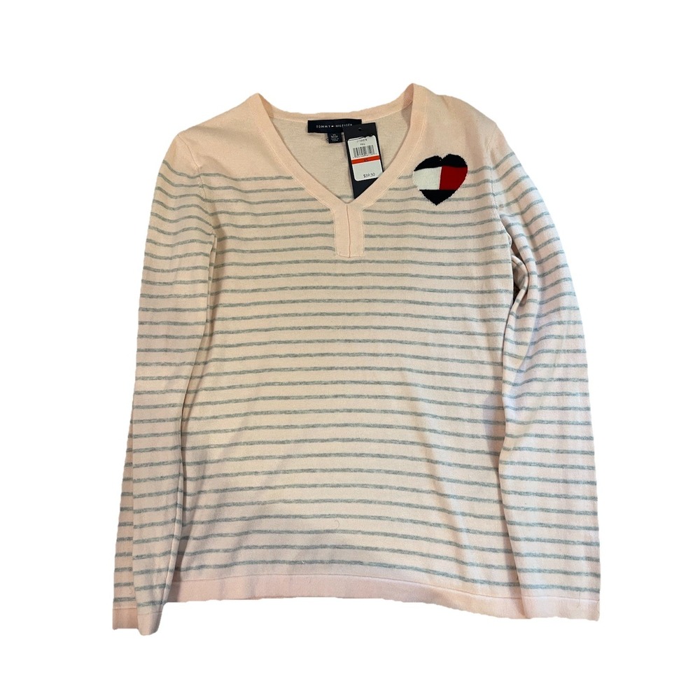 Tommy Hilfiger Women's V-Neck Stripe Sweater Pink/grey US XS New - Picture 3 of 8
